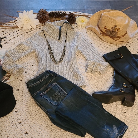 SWEATER GRAY BLACK WITH LEATHER TRIM RIBBED SIZE M - Picture 13 of 16